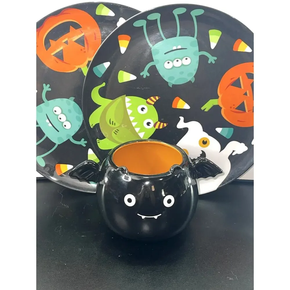 Halloween Serving Set Cauldron Bowl & 2 Plates Pumpkin Frankenstein Bat